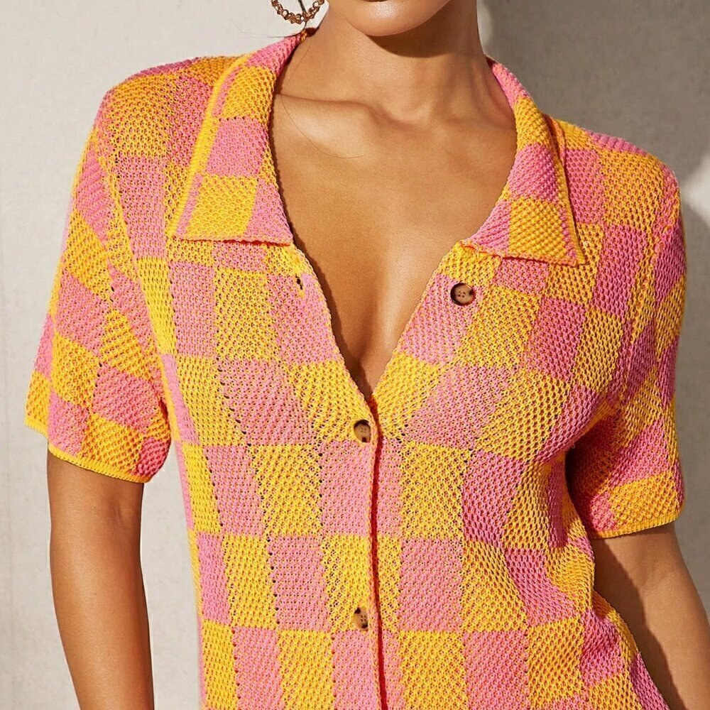 Multicolor Casual Women's Checker Knit Button Top & Shorts Set - Picture 4 of 5